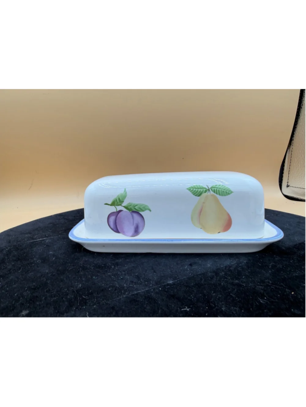 1999 Pfaltzgraff Hopscotch Fruit Ceramic Covered Butter Dish Peach Cherry